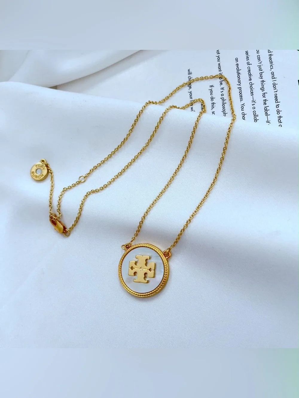 Tory Burch Gold-Tone Necklace with White Mother-of-Pearl Logo Pendant
